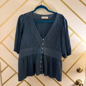Lucky Brand Blue Boho Lace-Trim Button Front Blouse